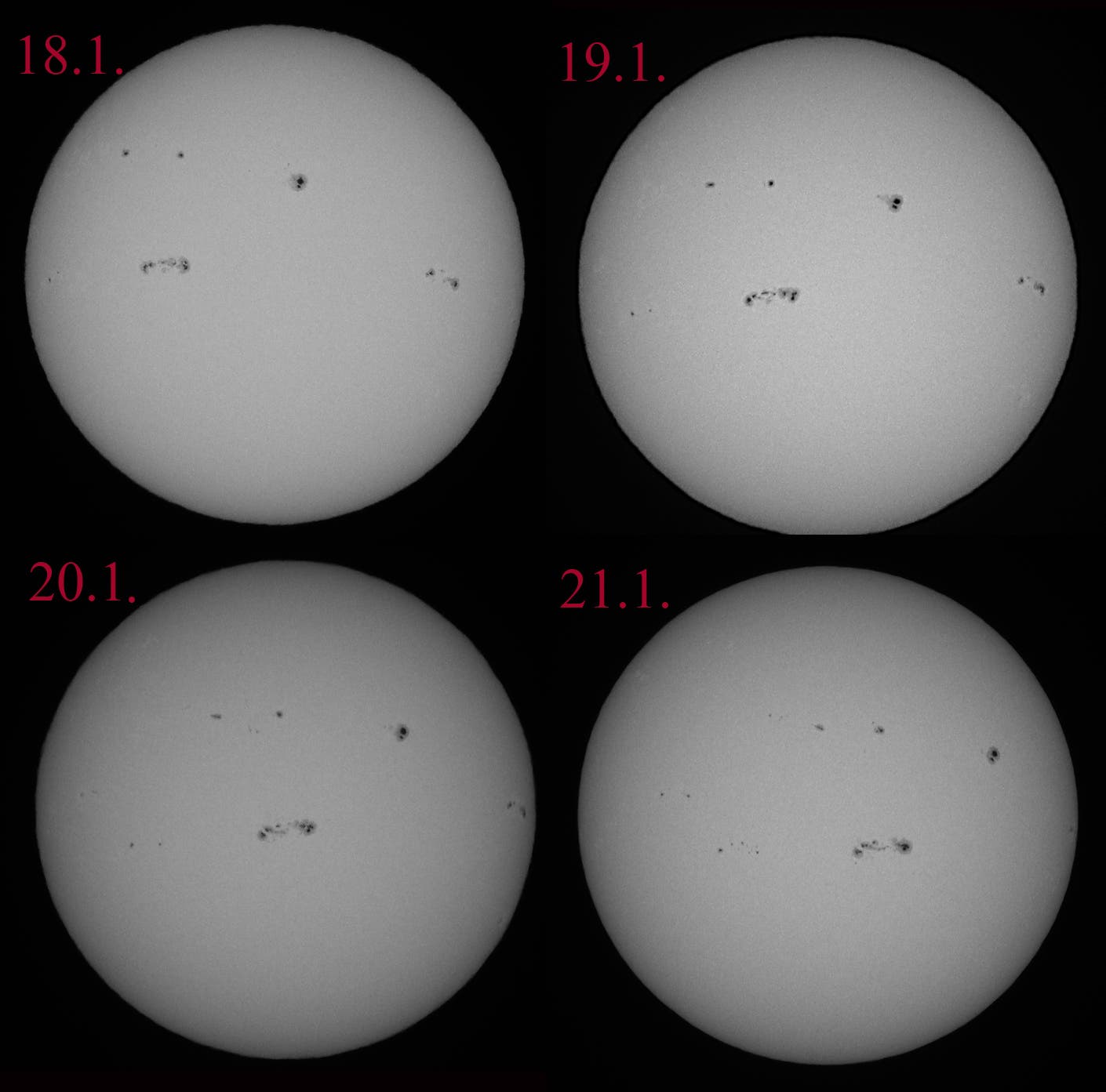 Sonnenflecken an vier aufeinander folgenden Tagen.