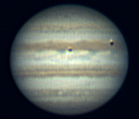 Jupiter in Opposition mit Europa und Io am 8. März 2016