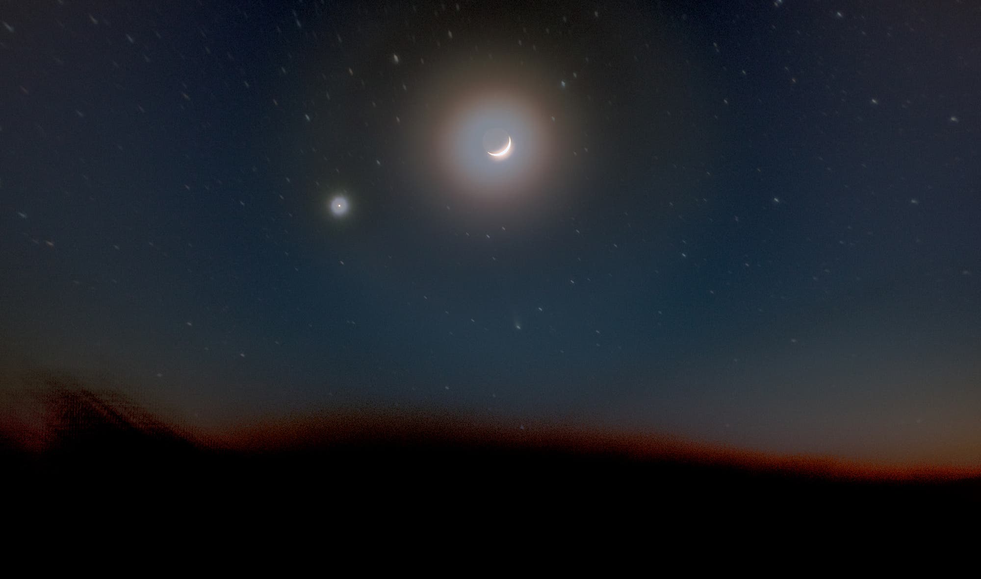 Komet 12P/Pons-Brooks mit Jupiter und der zunehmenden Mondsichel