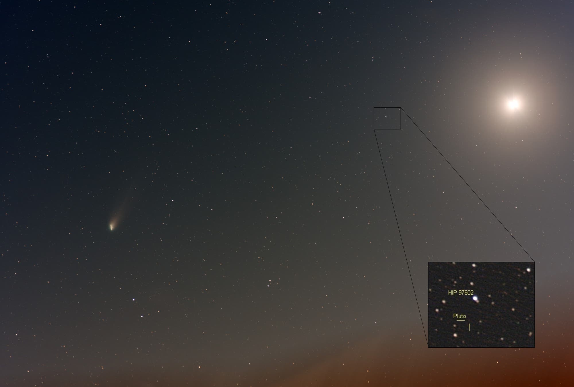 Komet C/2021 A1 Leonard mit Venus und Pluto