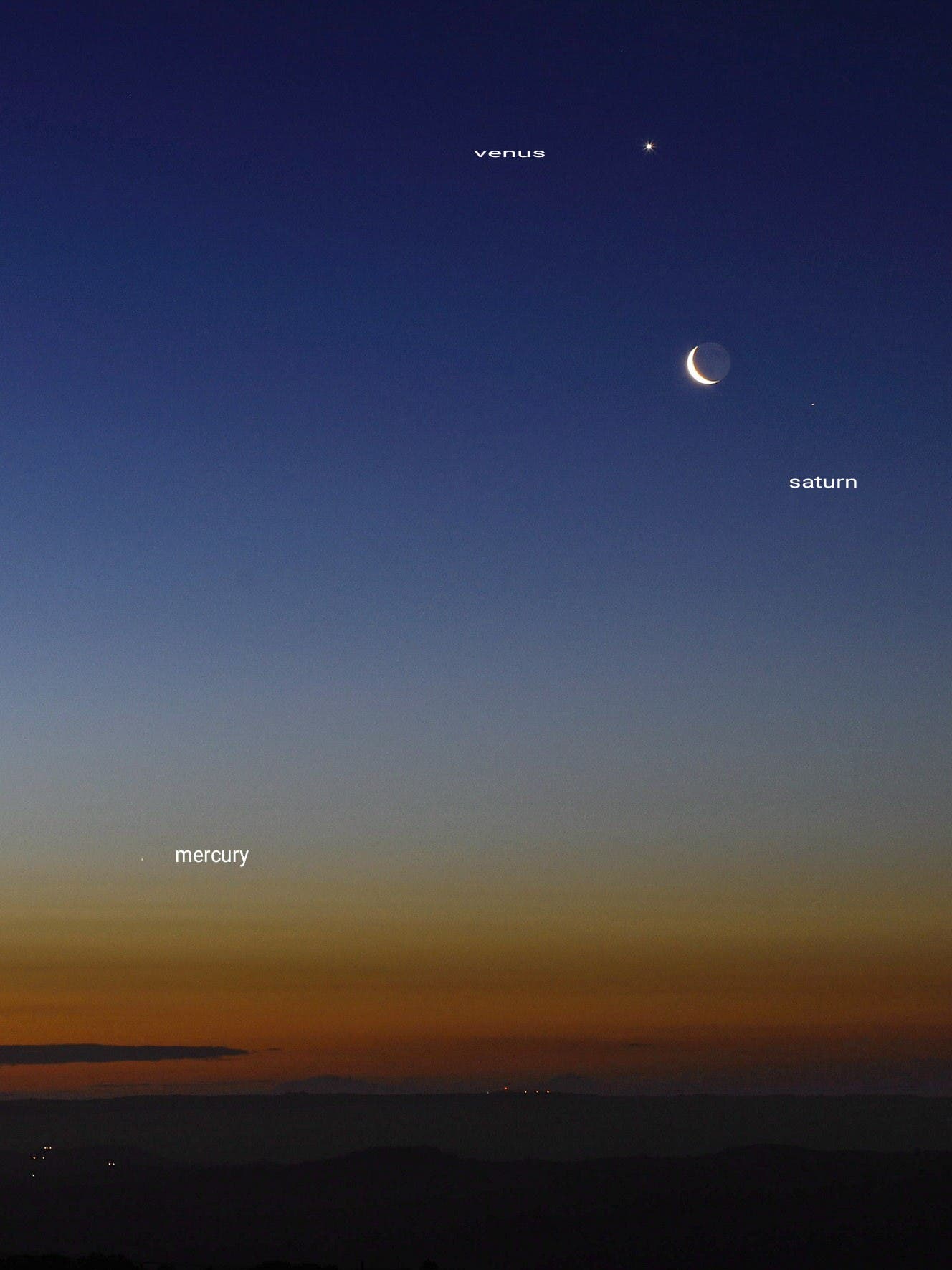 Special conjunction quartet Venus above - moon - Saturn on the right - Mercury bottom left