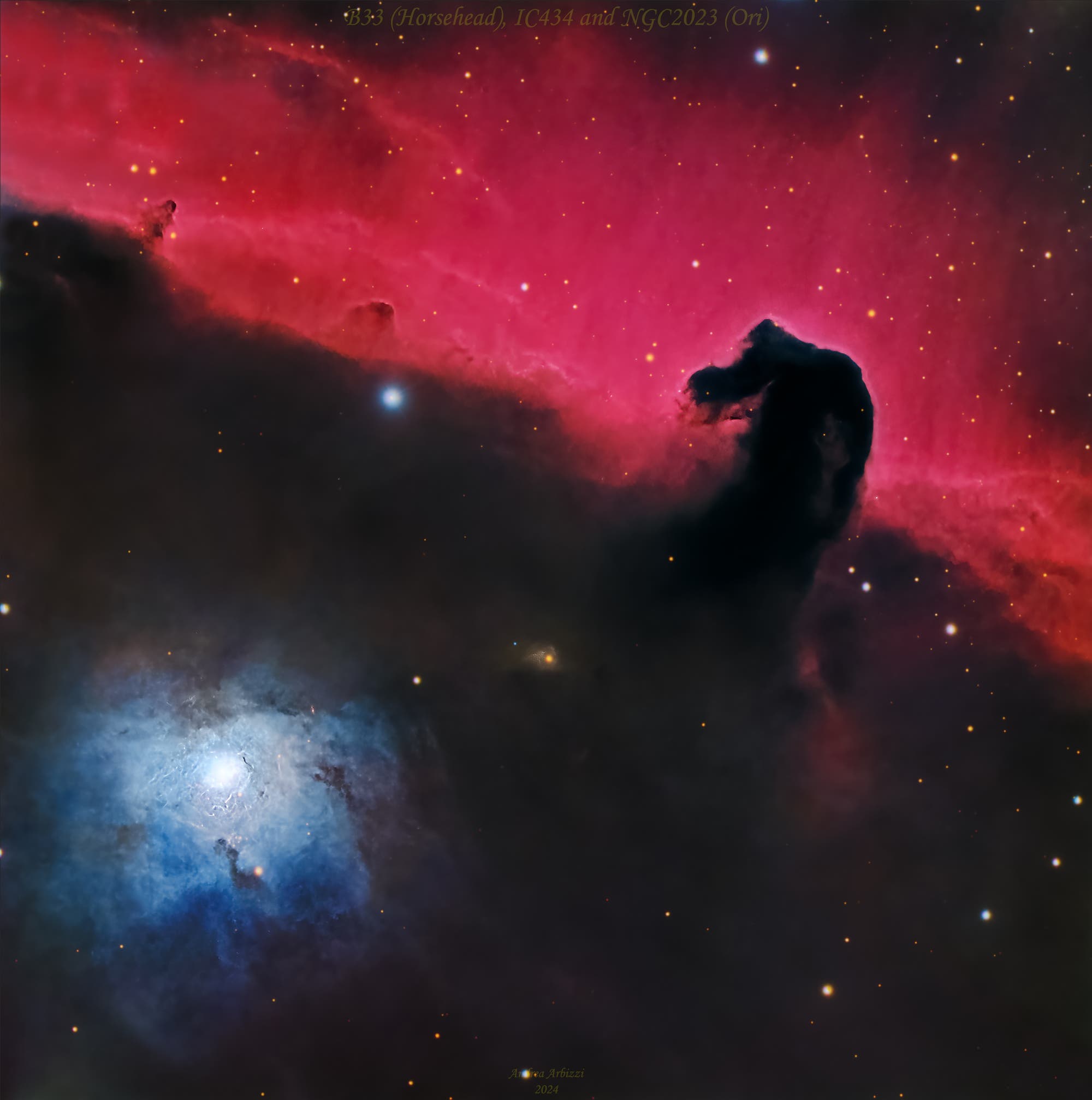 A magnificent 3 nebulas in Orion: IC434, B33 (Horsehead) and NGC 2023
