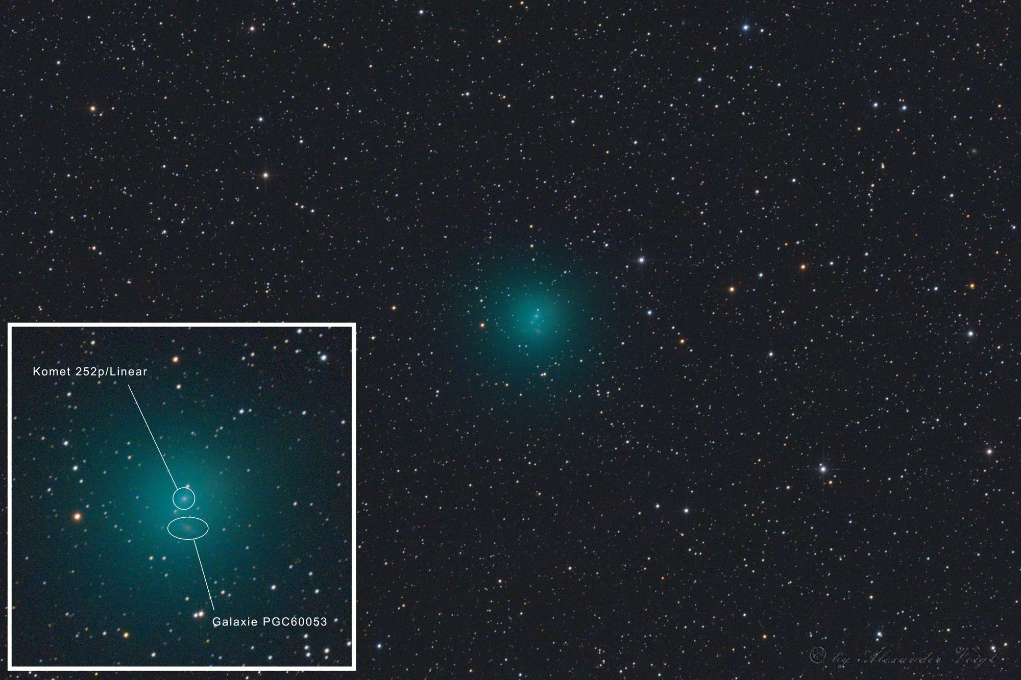 Komet 252P/Linear und die Balkengalaxie mit PGC 60053
