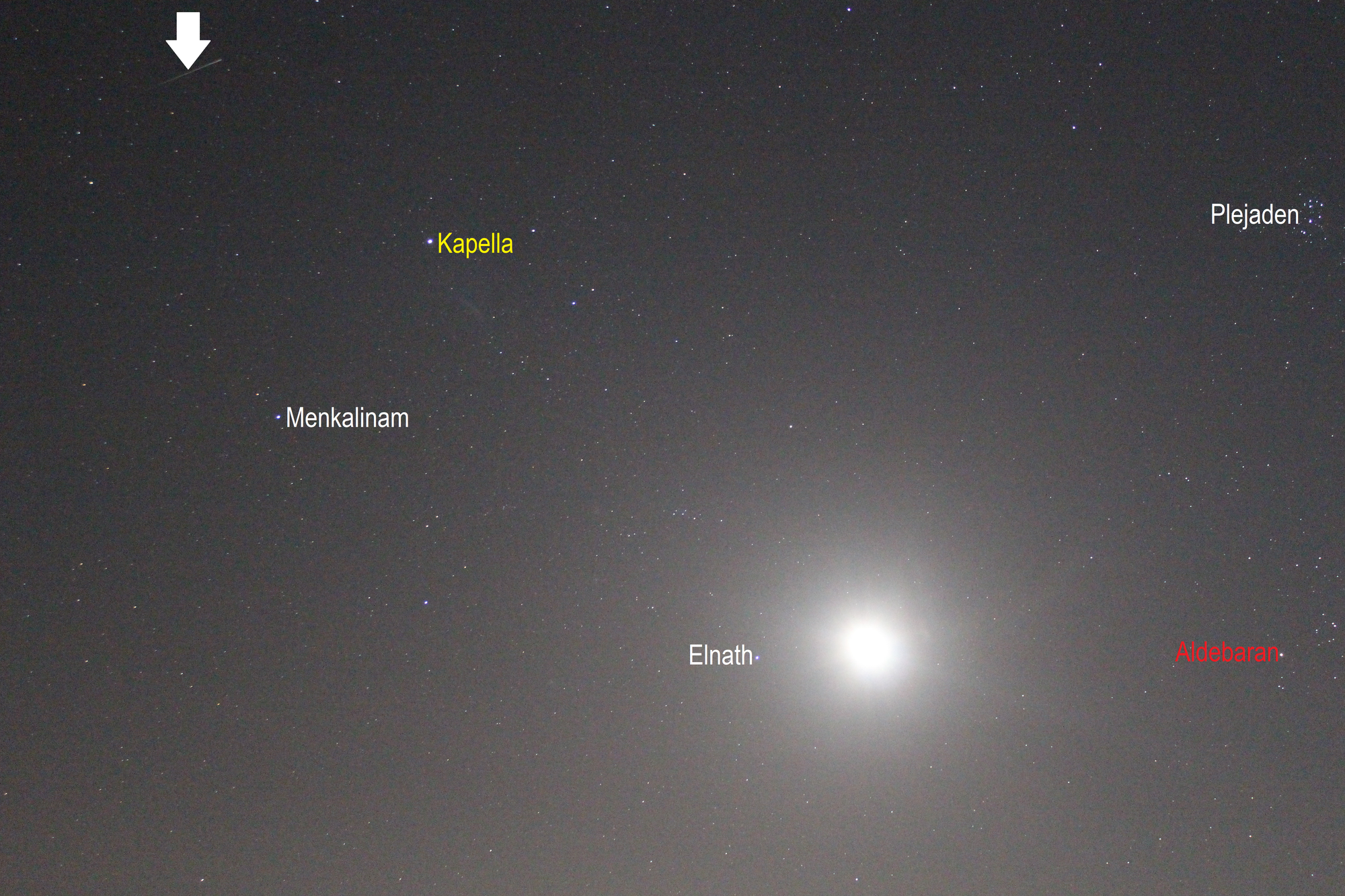 Perseiden-Meteor im Sternbild Fuhrmann (Objekte beschriftet und Meteor mit einem Pfeil markiert)