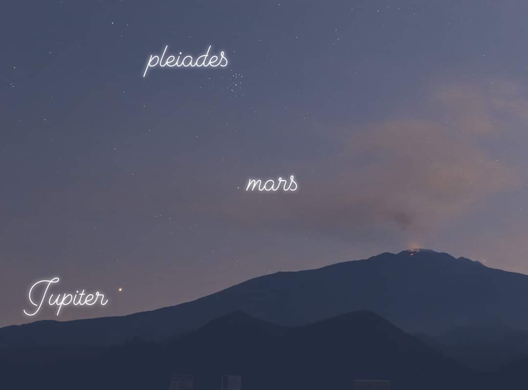 Jupiter, Mars, pleiades above the volcano Etna 27. July 2024 