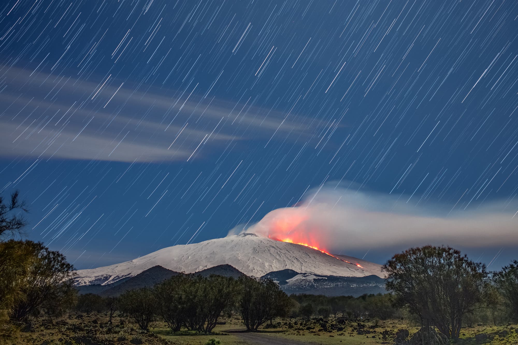 Star trails above Etna in eruption