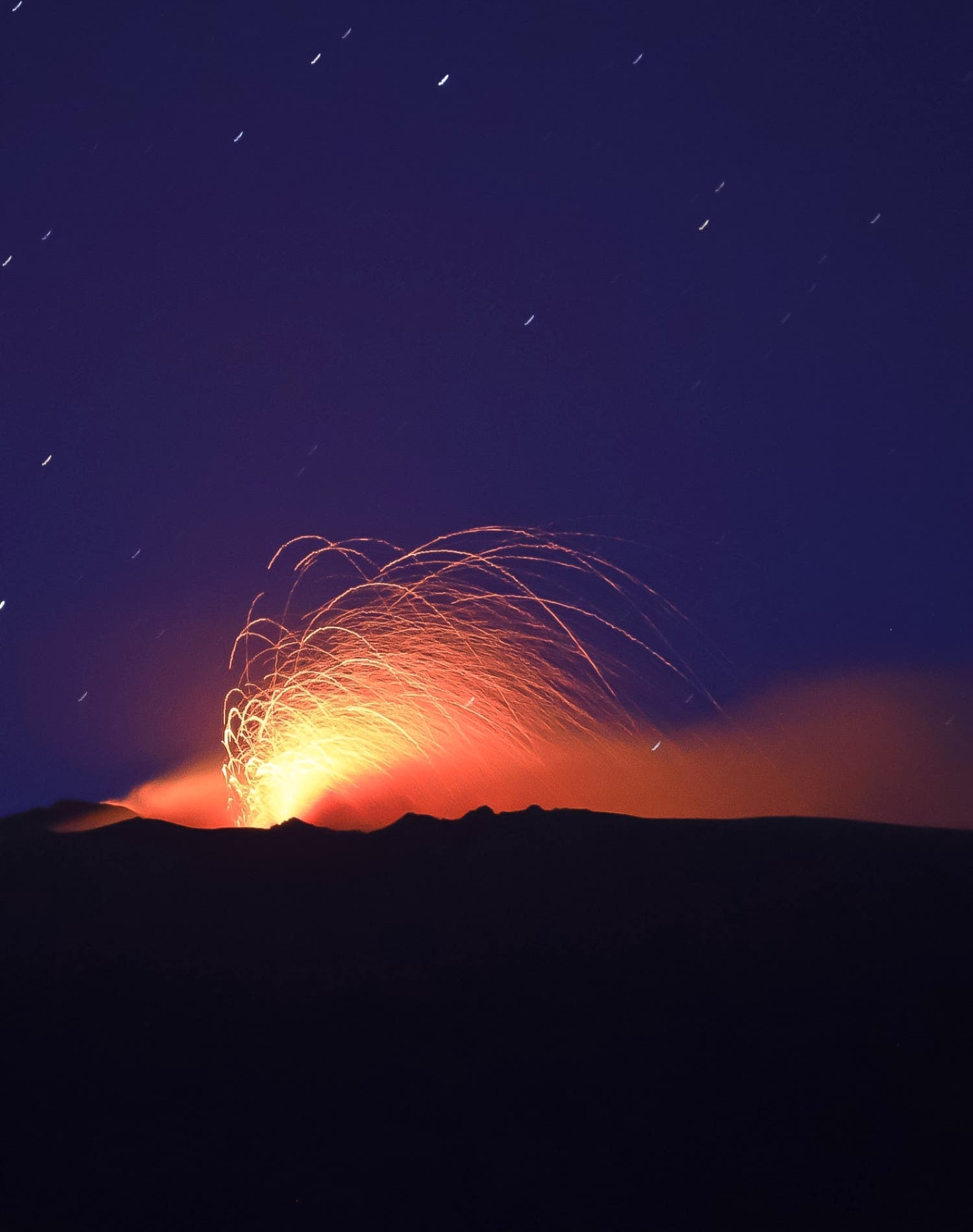 Star trails with eruption mount Etna, Italy 