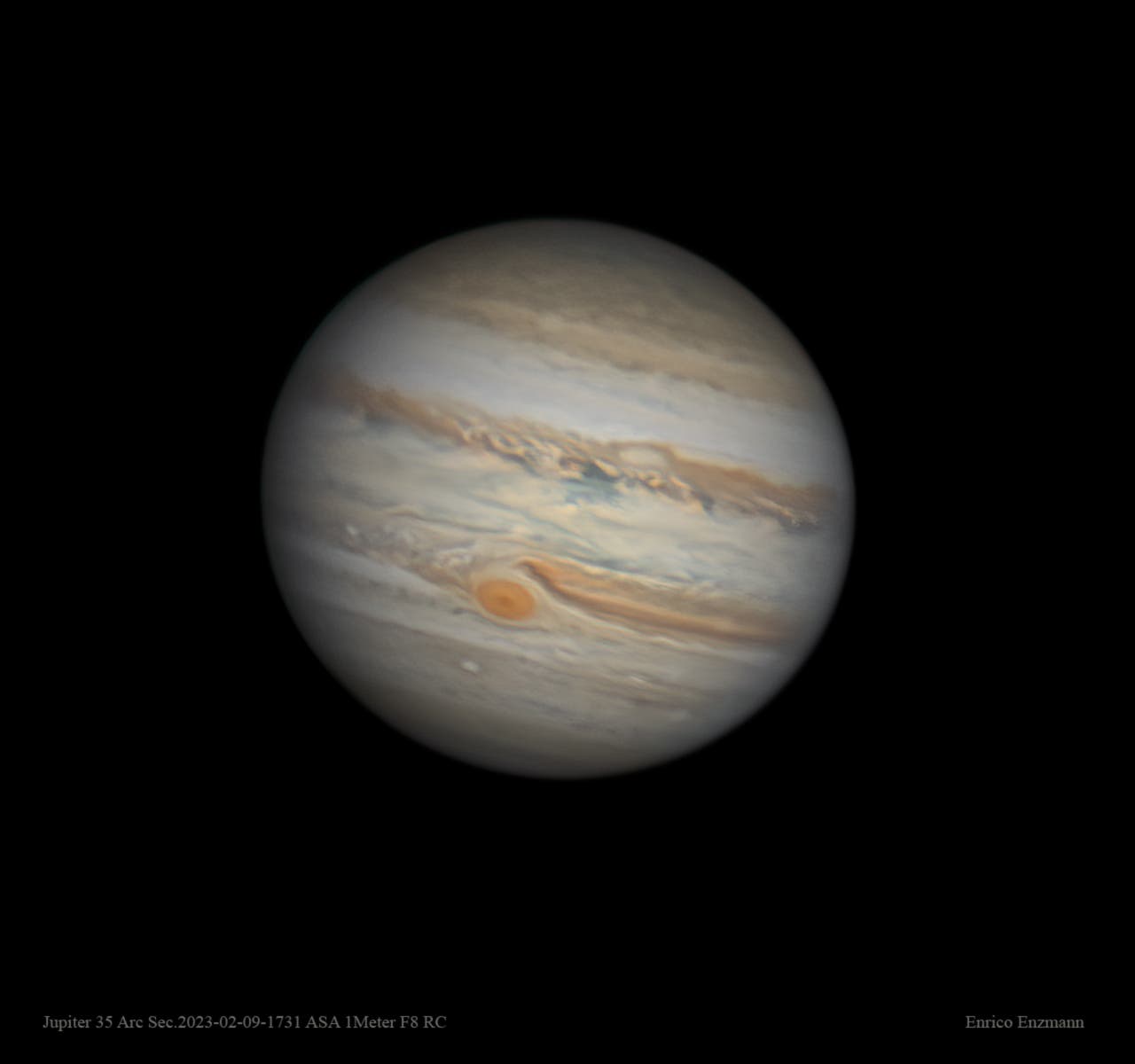 Jupiter mit nur noch 35 Bogensekunden Durchmesser und kleinem Roten Fleck