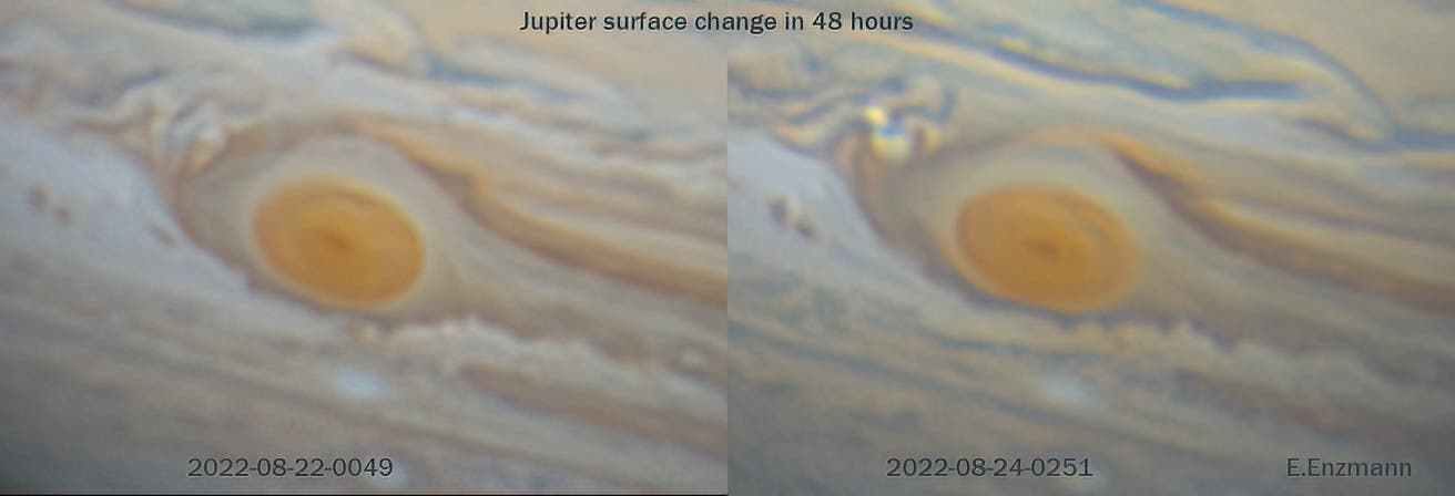 Jupiter Oberflächendetails Wechsel des Großen Roten Flecks in 48 Stunden