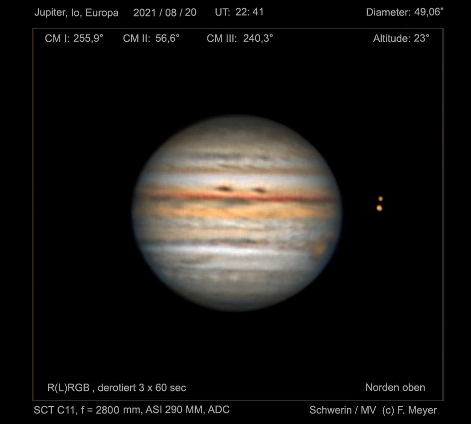 Jupiter, Io und Europa in der Nacht vom 20. zum 21. August 2021