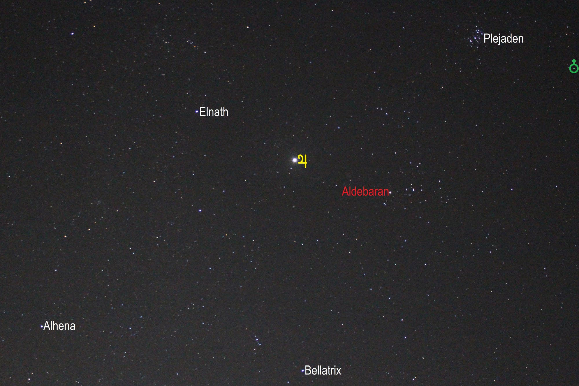 Jupiter im Sternbild Stier (Objekte beschriftet)