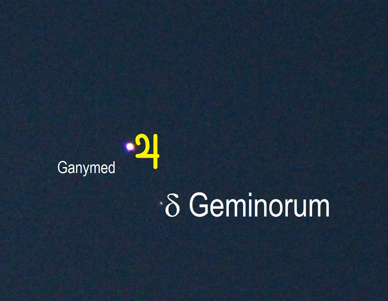 Jupiter bei Delta Geminorum (Objekte beschriftet)