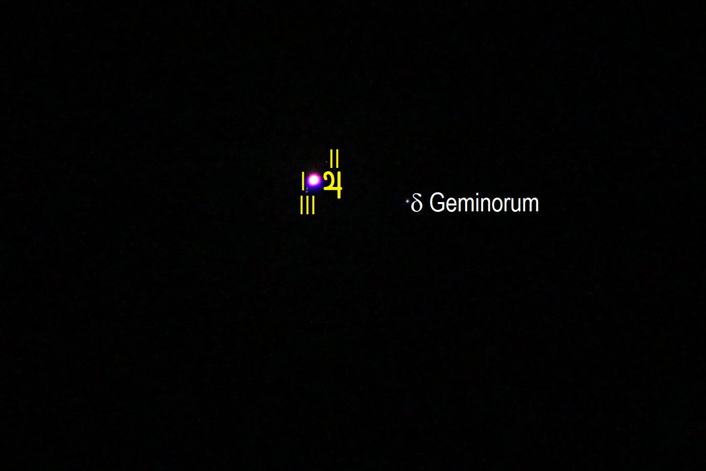 Jupiter bei Delta Geminorum (Objekte beschriftet)