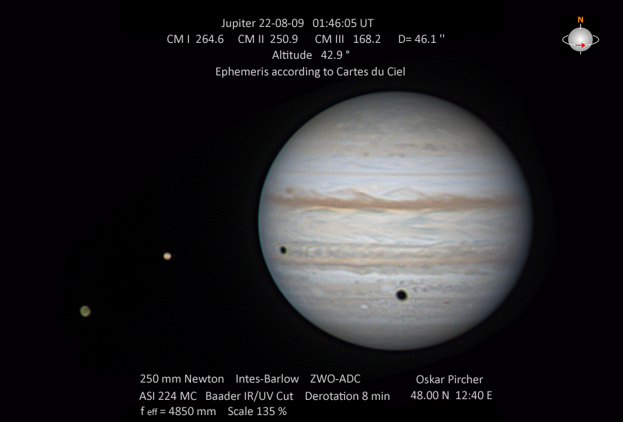 Jupiter, Io, Ganymed mit Schatten am 9. August 2022