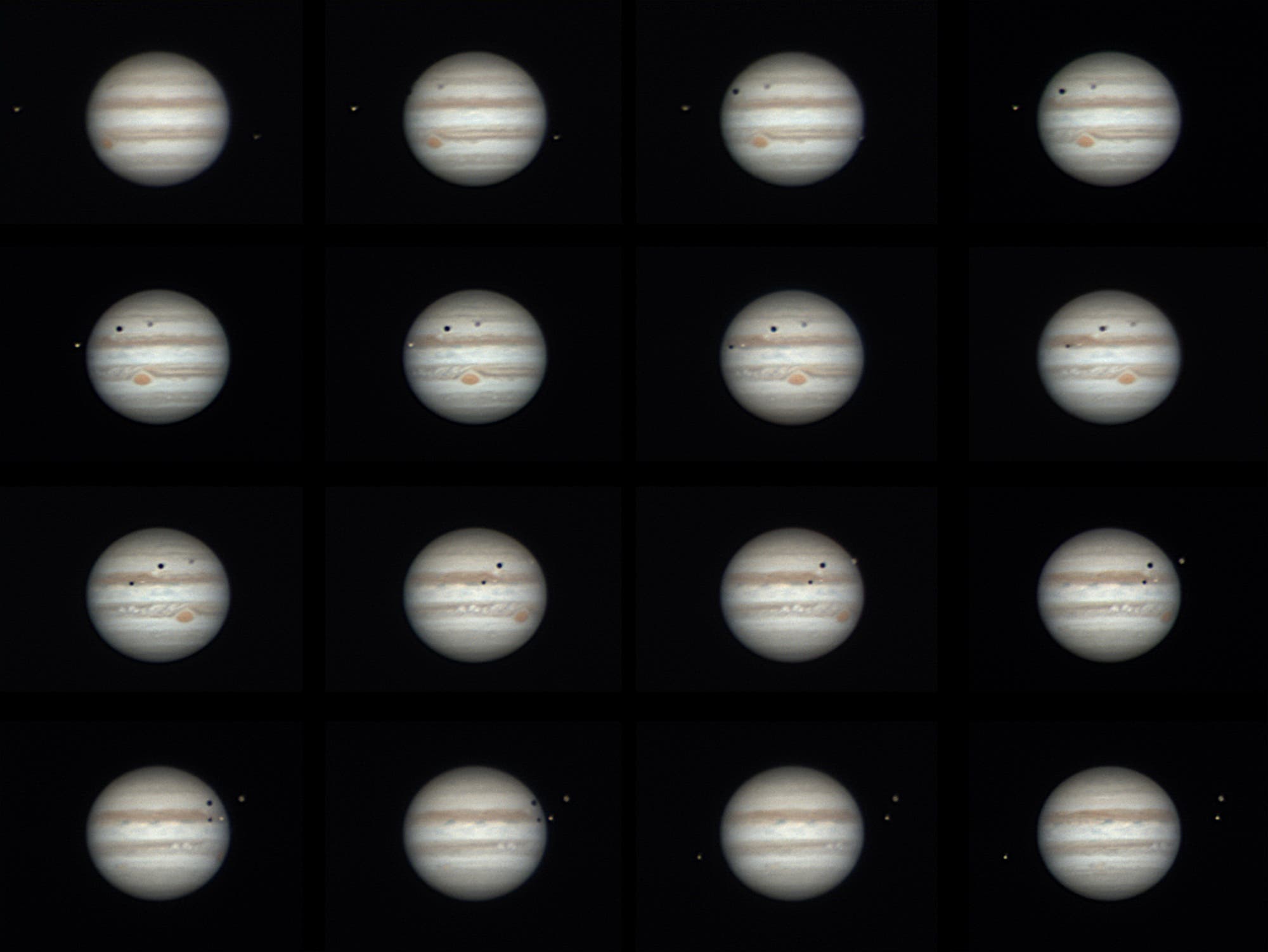 Jupiter mit drei Monden und zwei Mondschatten am Abend des 16. März 2016