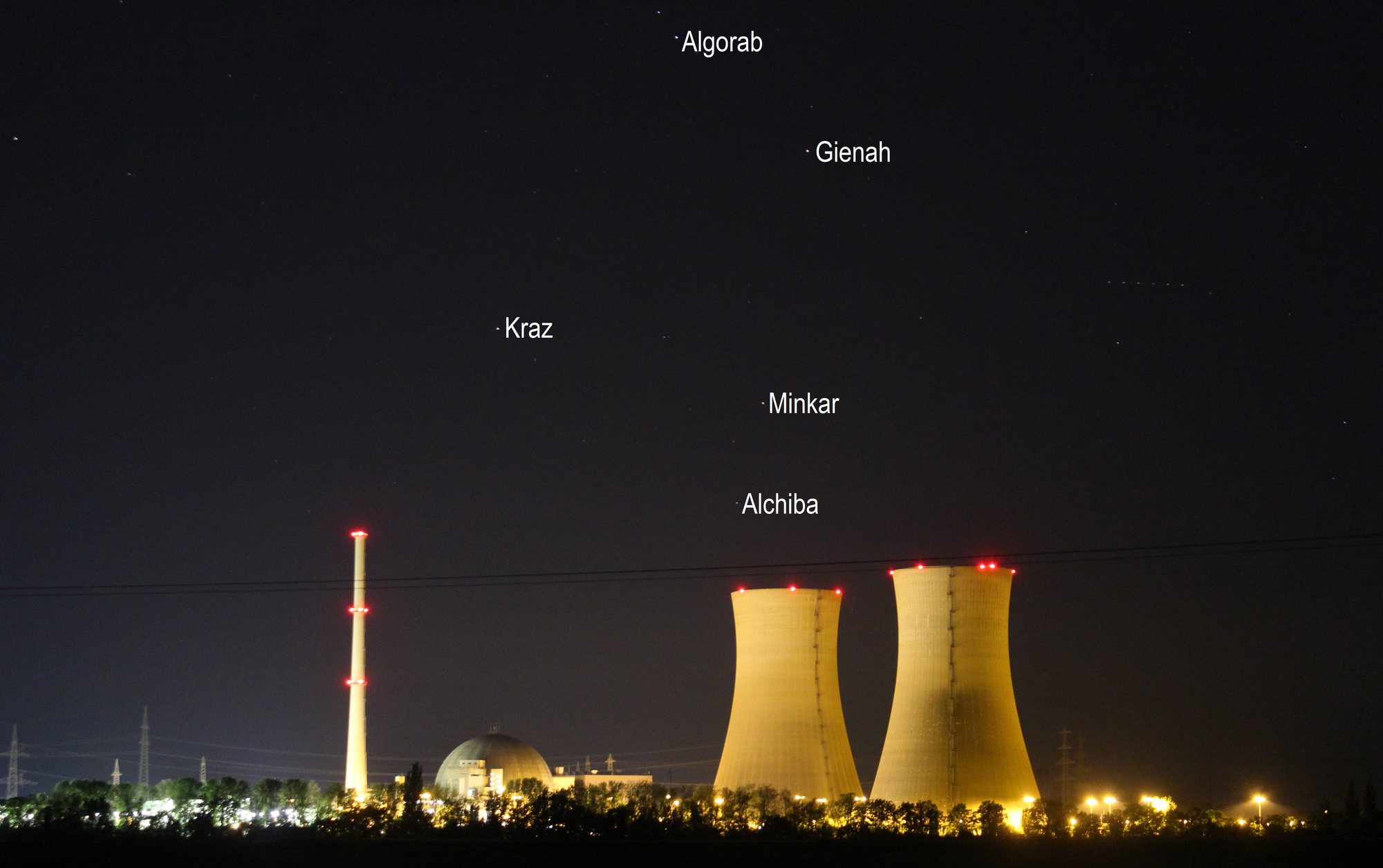 Sternbild Rabe über dem Kernkraftwerk Grafenrheinfeld (Objekte beschriftet)