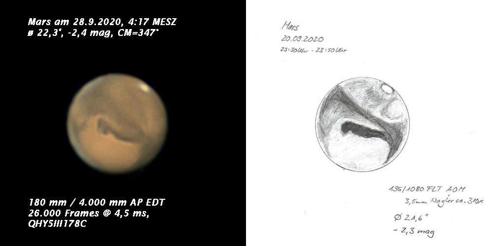 Mars - Vergleich von Zeichnung und Fotografie