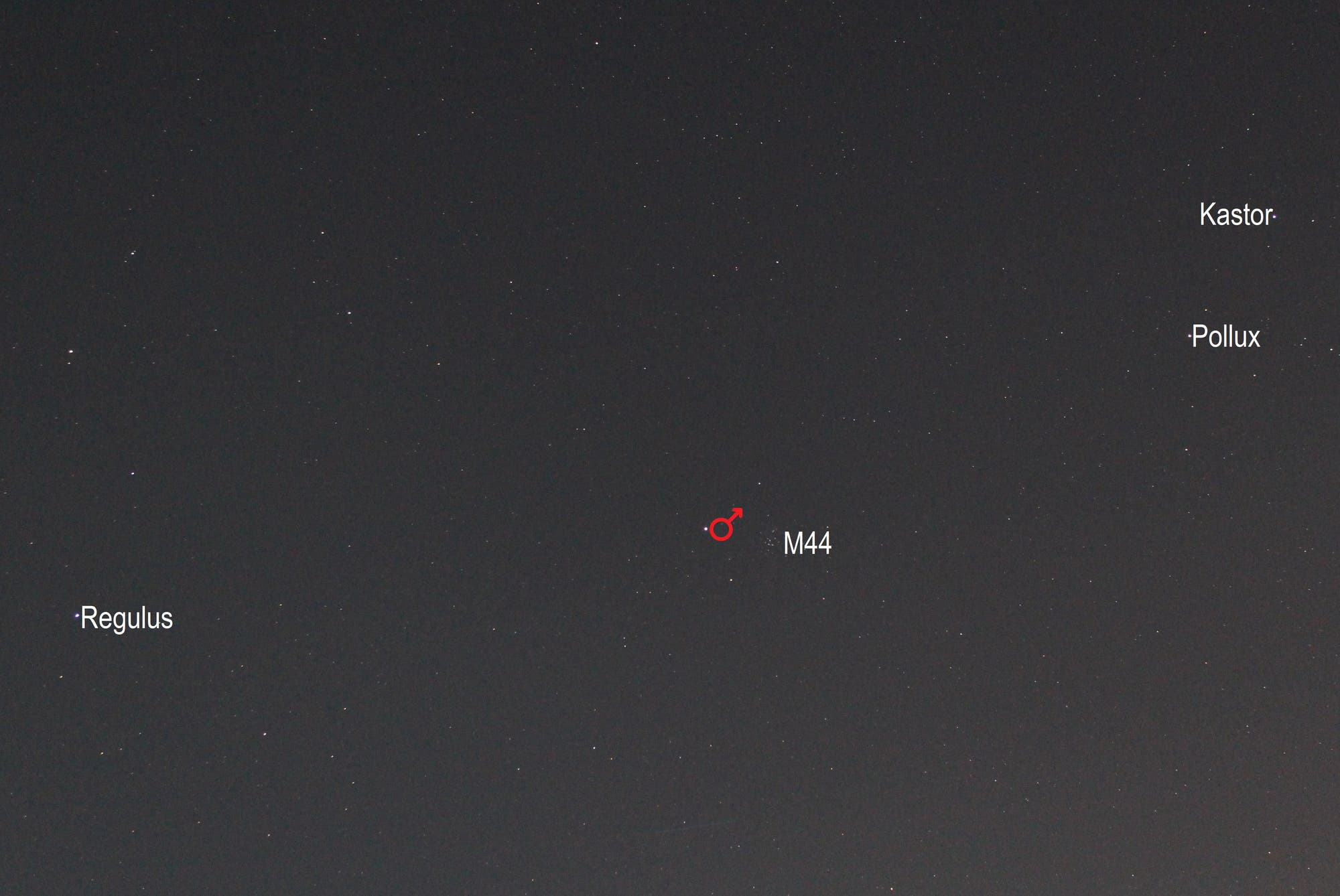 Mars im Sternbild Krebs (Objekte beschriftet)