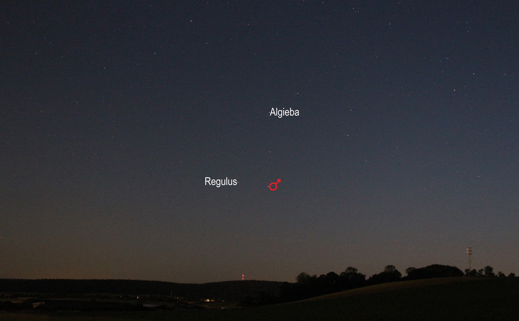 Mars nähert sich Regulus (Objekte beschriftet)