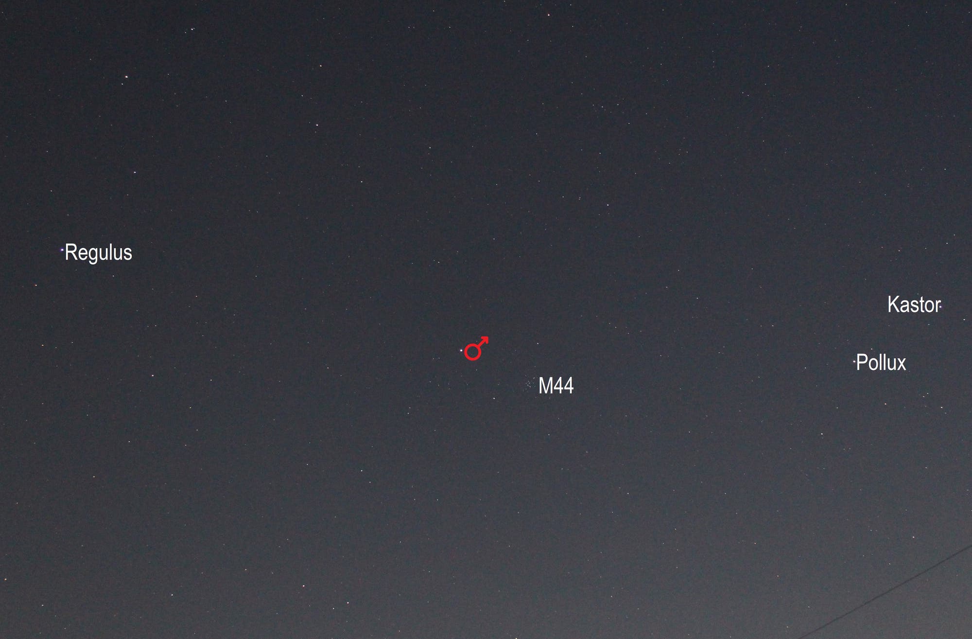 Mars im Sternbild Krebs (Objekte beschriftet)