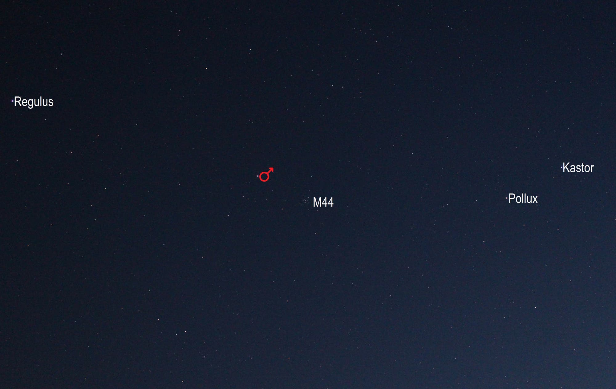Mars im Sternbild Krebs (Objekte beschriftet)