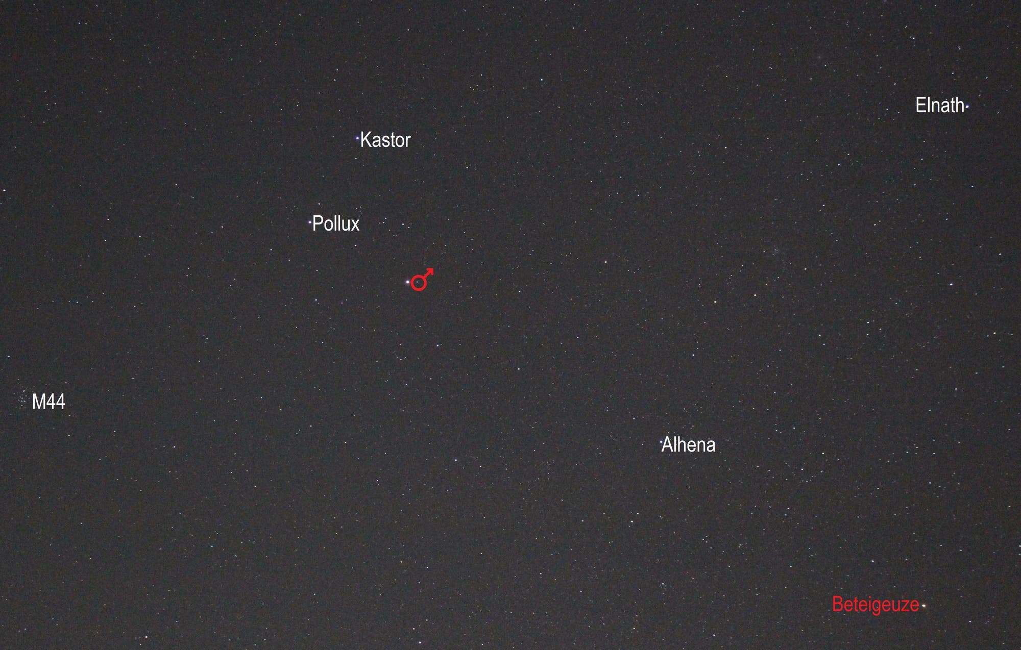 Mars im Sternbild Zwillinge (Objekte beschriftet)