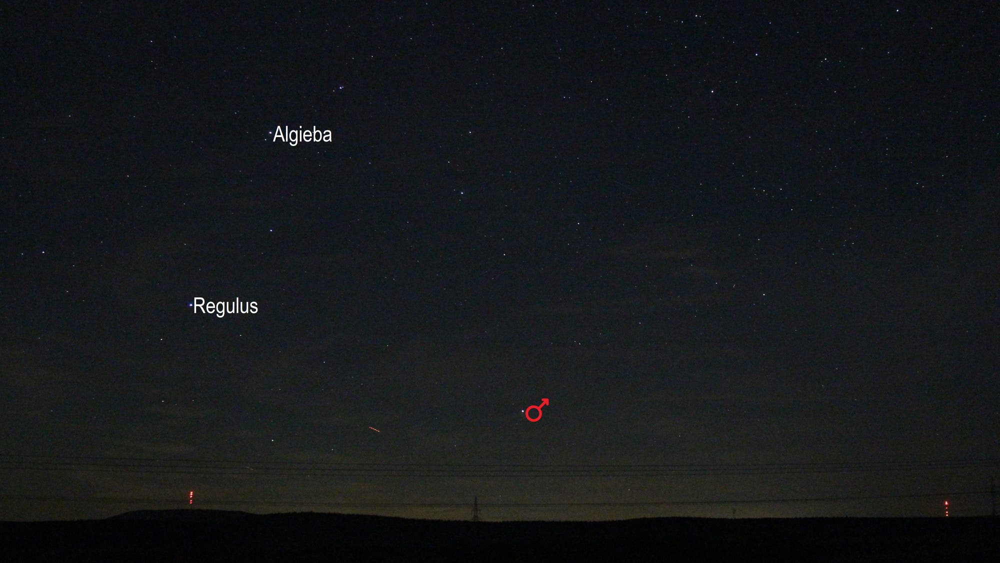 Mars im untergehenden Sternbild Krebs (Objekte beschriftet)