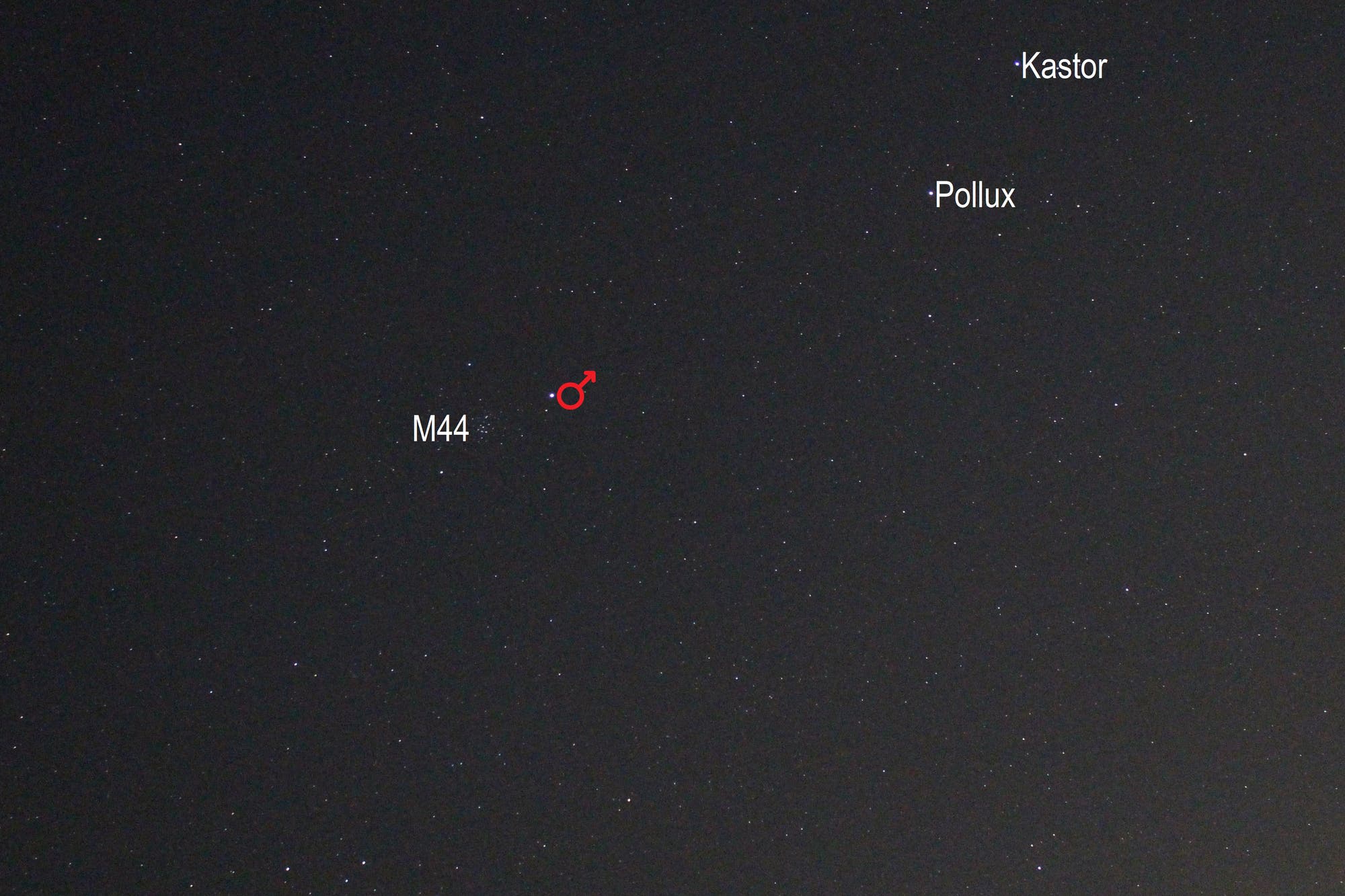 Mars »nähert« sich M44 (Objekte beschriftet)