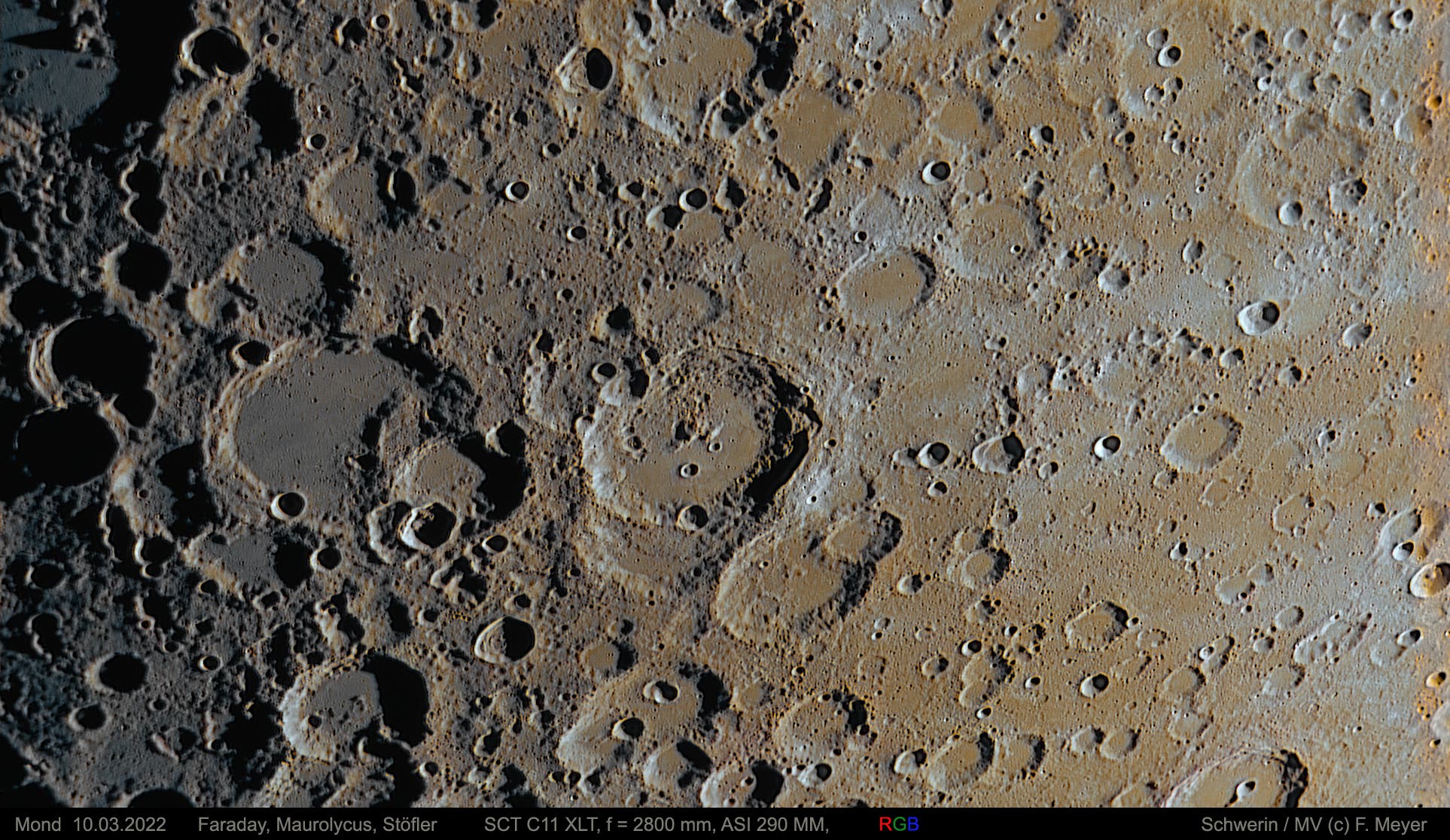 Mond, Faraday, Maurolycus, Stöffler am 10. März 2022 