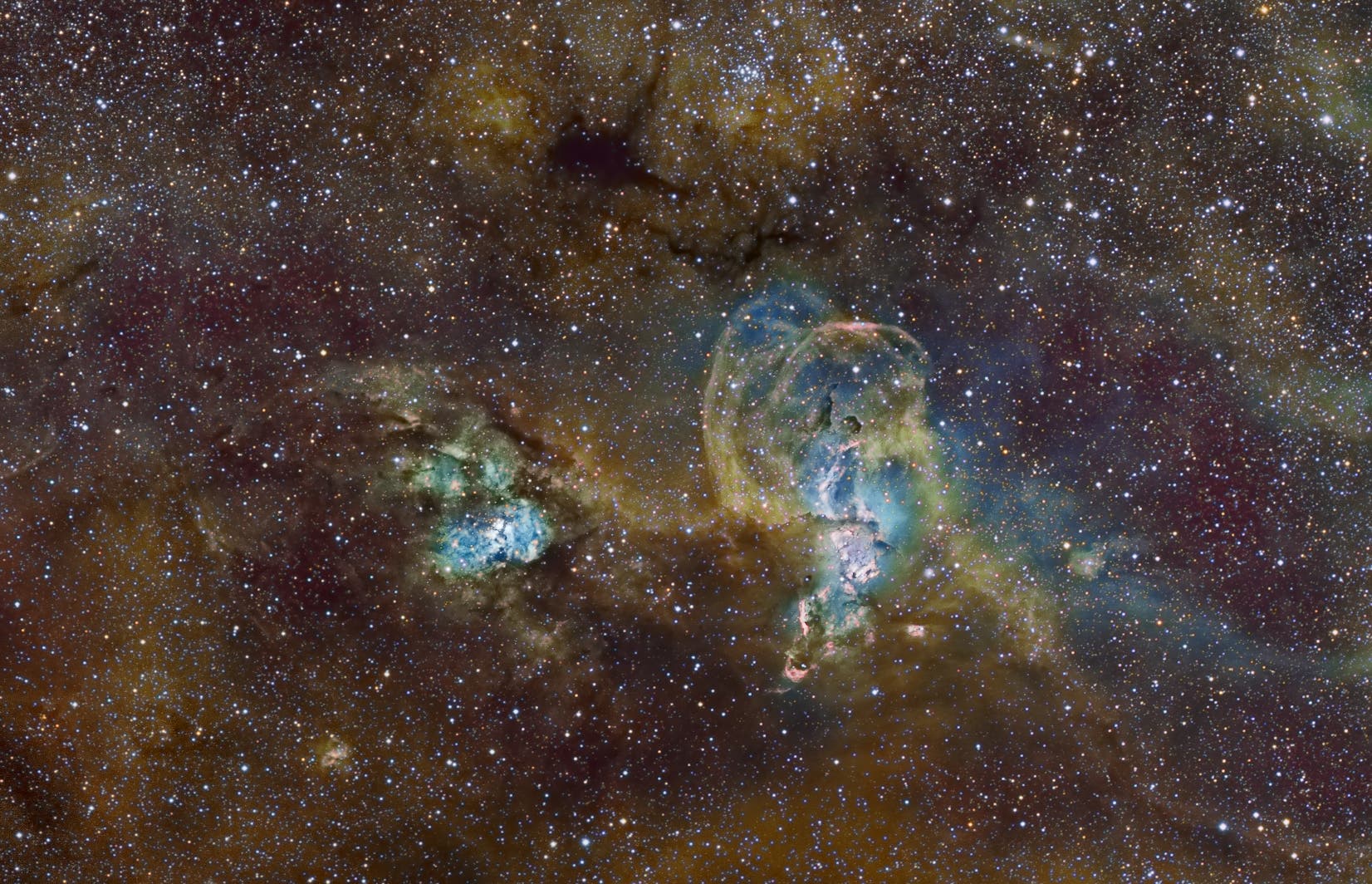 NGC 3576 (The Statue of Liberty Nebula), NGC 3603, NGC 3590 