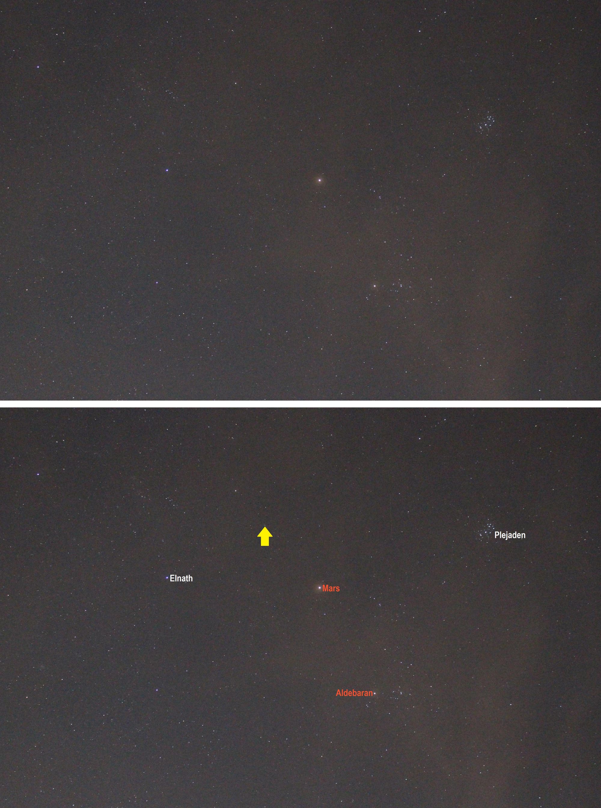 Mars im Sternbild Stier und Komet C/2022 E3 (ZTF) im Sternbild Fuhrmann