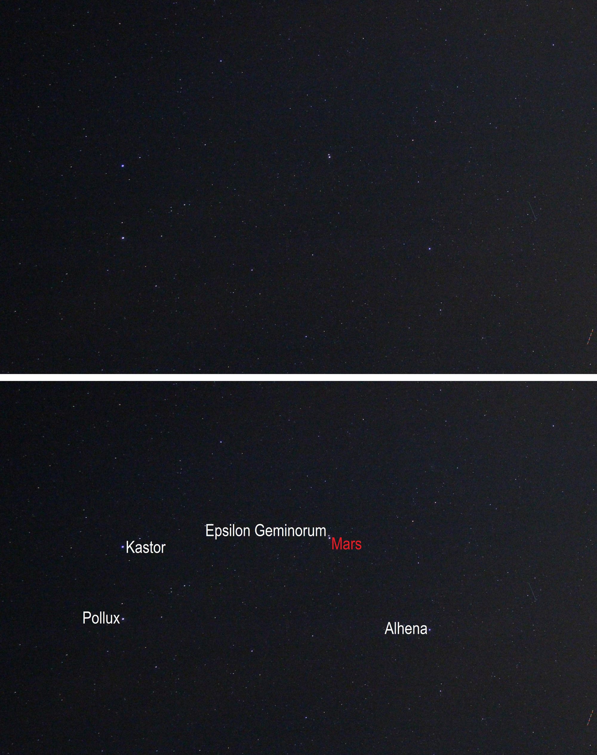 Mars in Konjunktion mit Epsilon Geminorum im Sternbild Zwillinge 