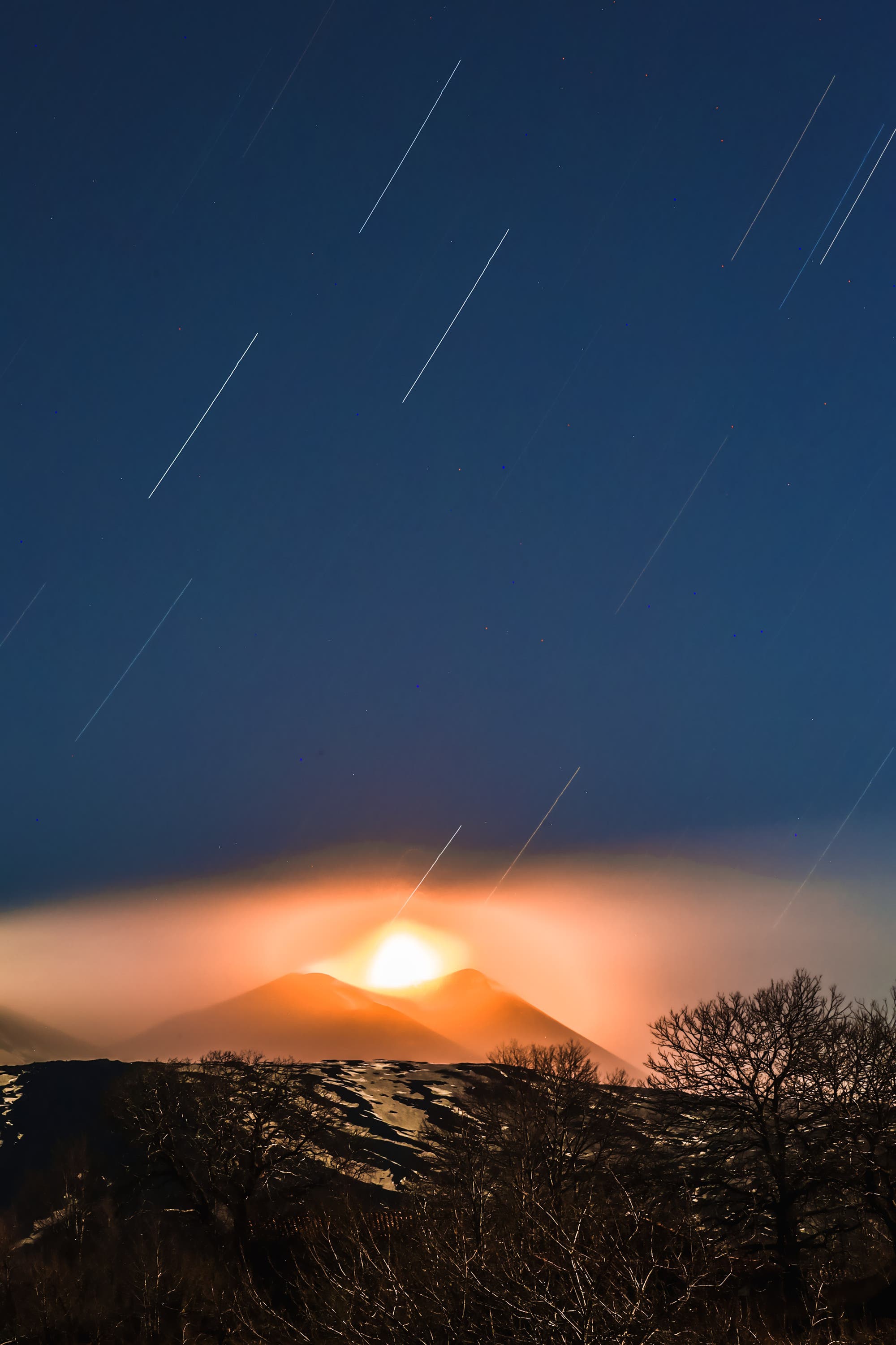 (Star Trail) Beautiful new eruption strombolian activity mount Etna italy Sicily 