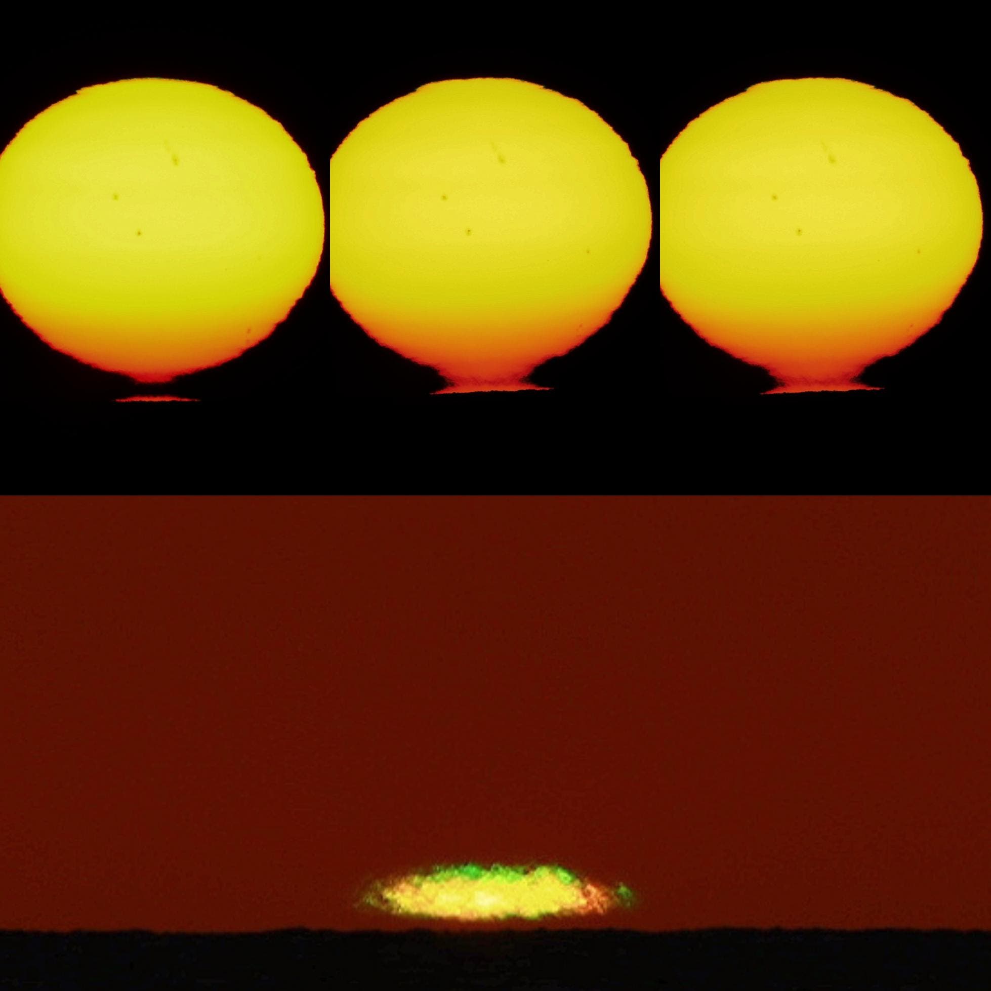 Sunset sequence with lower mirage with green ray, Cava D'aliga Italy Sicily 