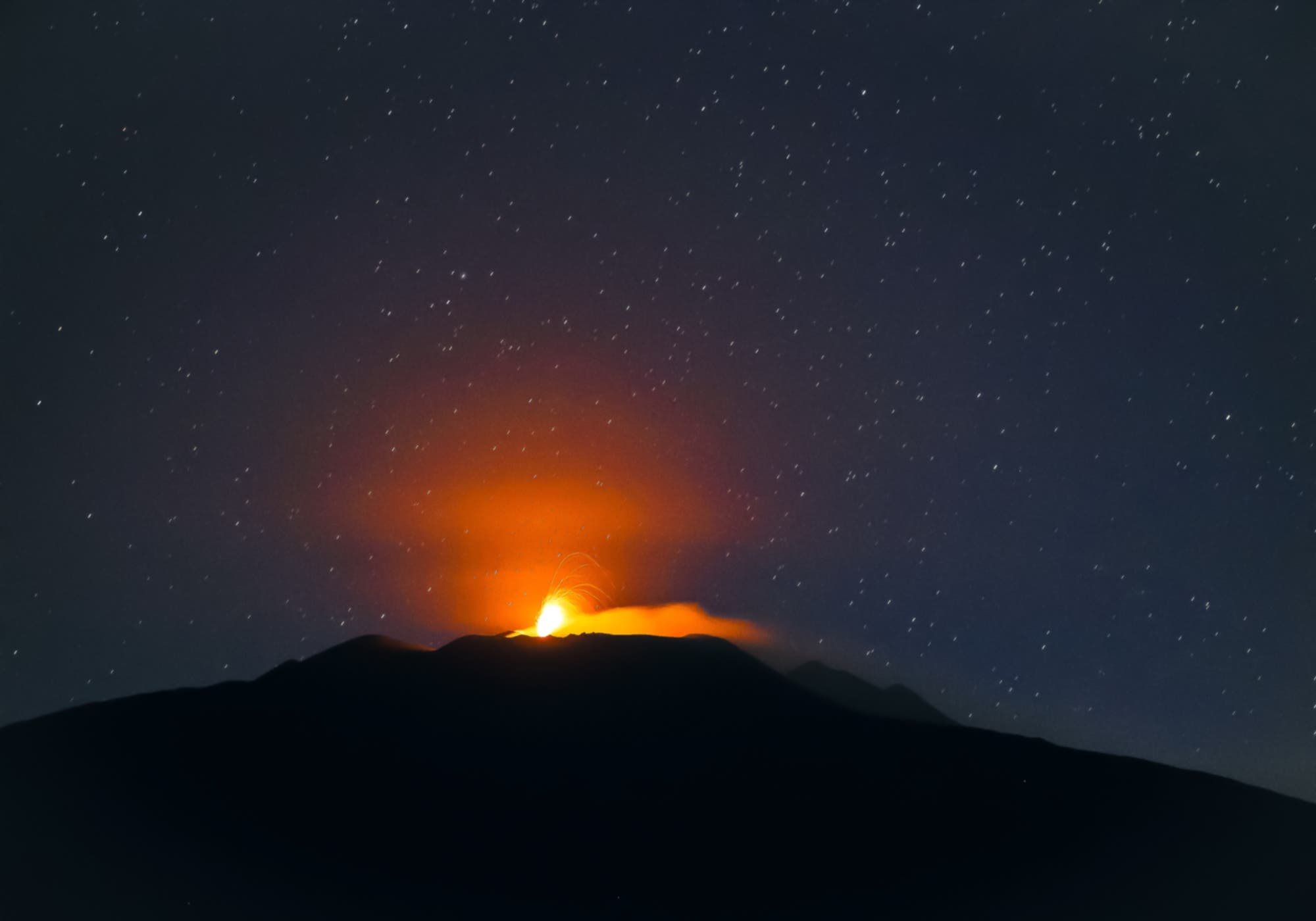 New Eruption with gas emission and light reflection volcano Etna - Sicily 