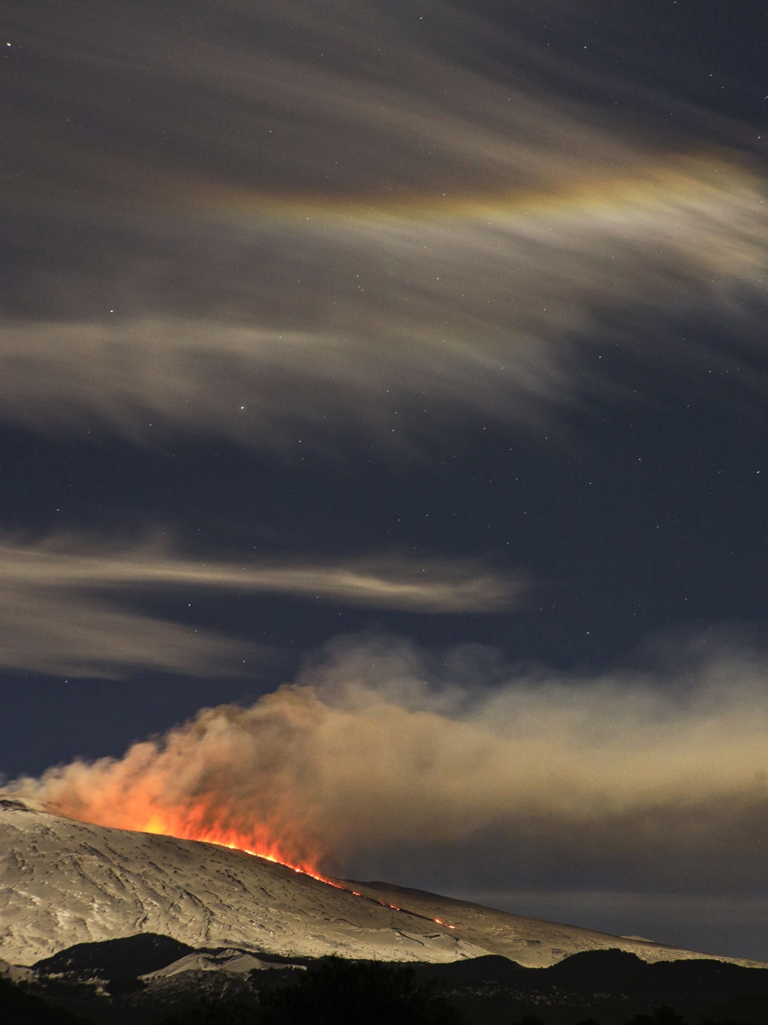 Wonderful new etna eruption with iridescent cloud over Mount Etna 