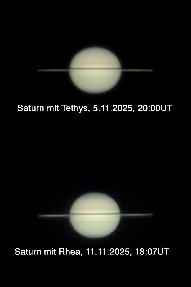 Saturn mit Ring in Kantenstellung mit Tethys und Rhea