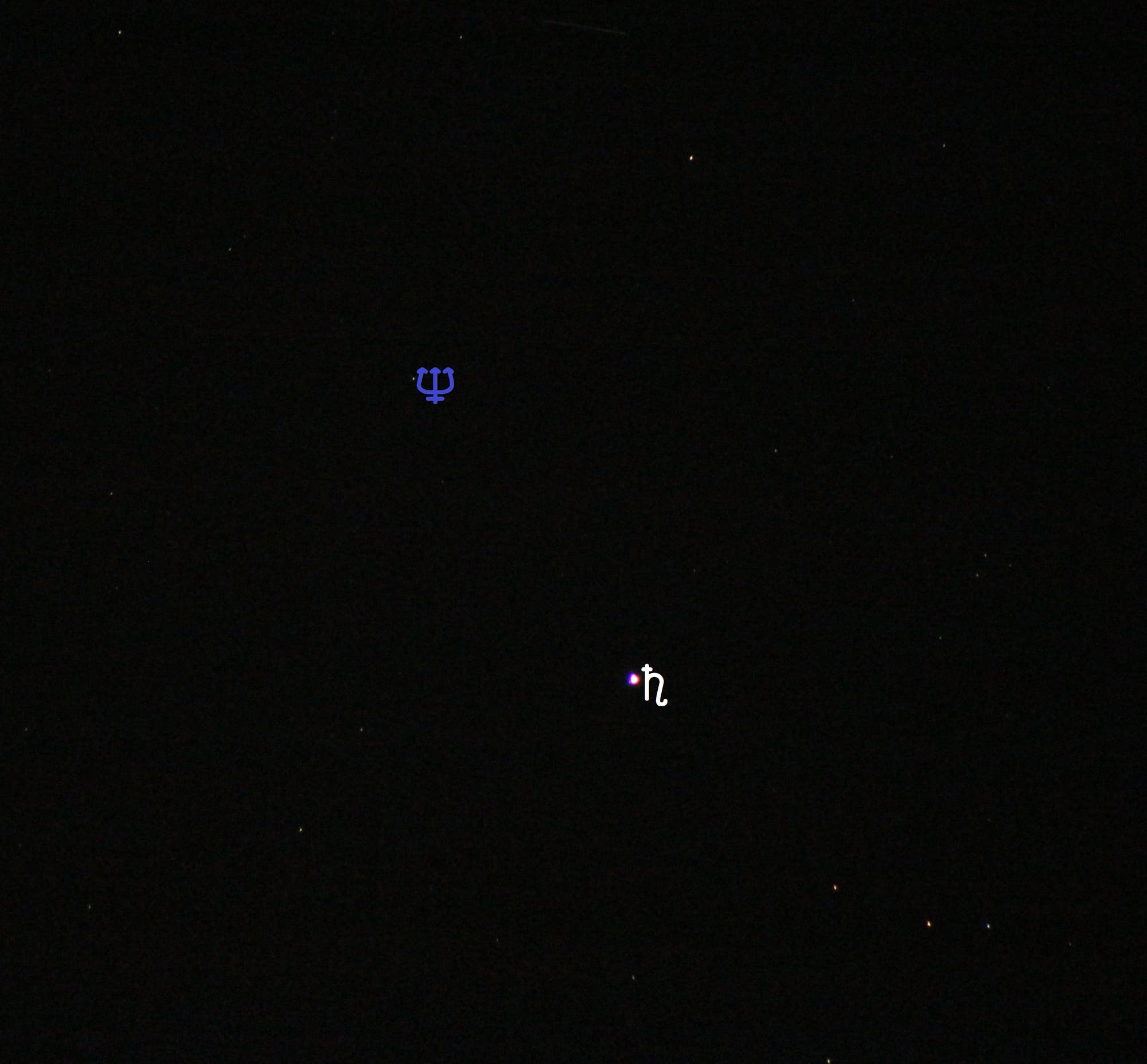 Saturn bei Neptun (Objekte beschriftet)