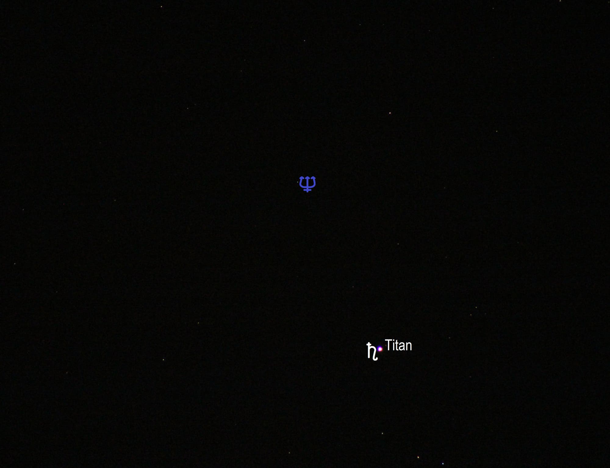 Zweite Konjunktion zwischen Saturn und Neptun mit sehr langer Brennweite (Objekte beschriftet)