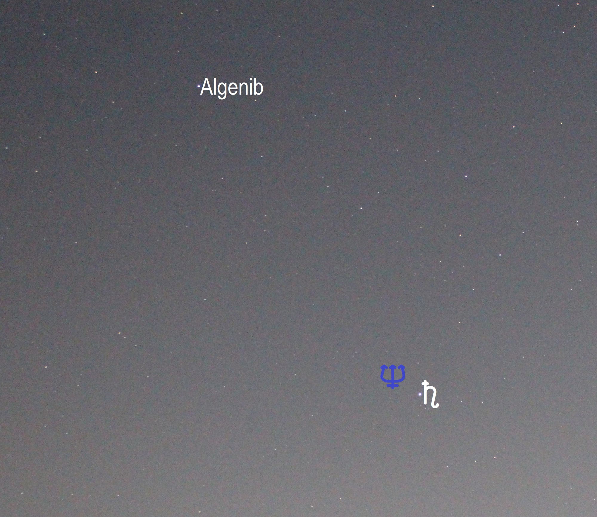 Saturn und Neptun (kurze Brennweite, Objekte beschriftet)