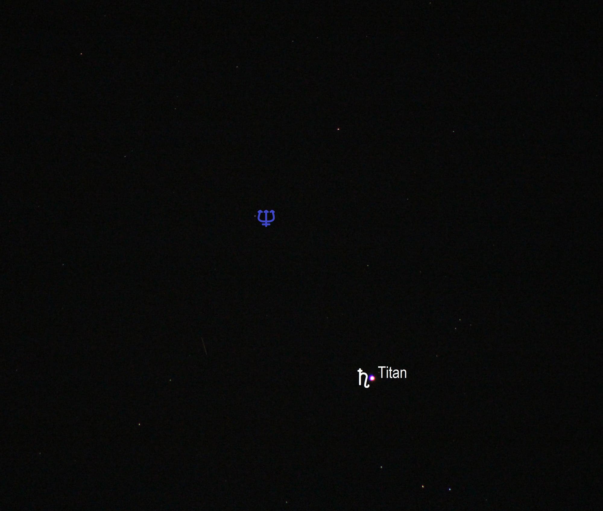 Saturn und Neptun (lange Brennweite, Objekte beschriftet)