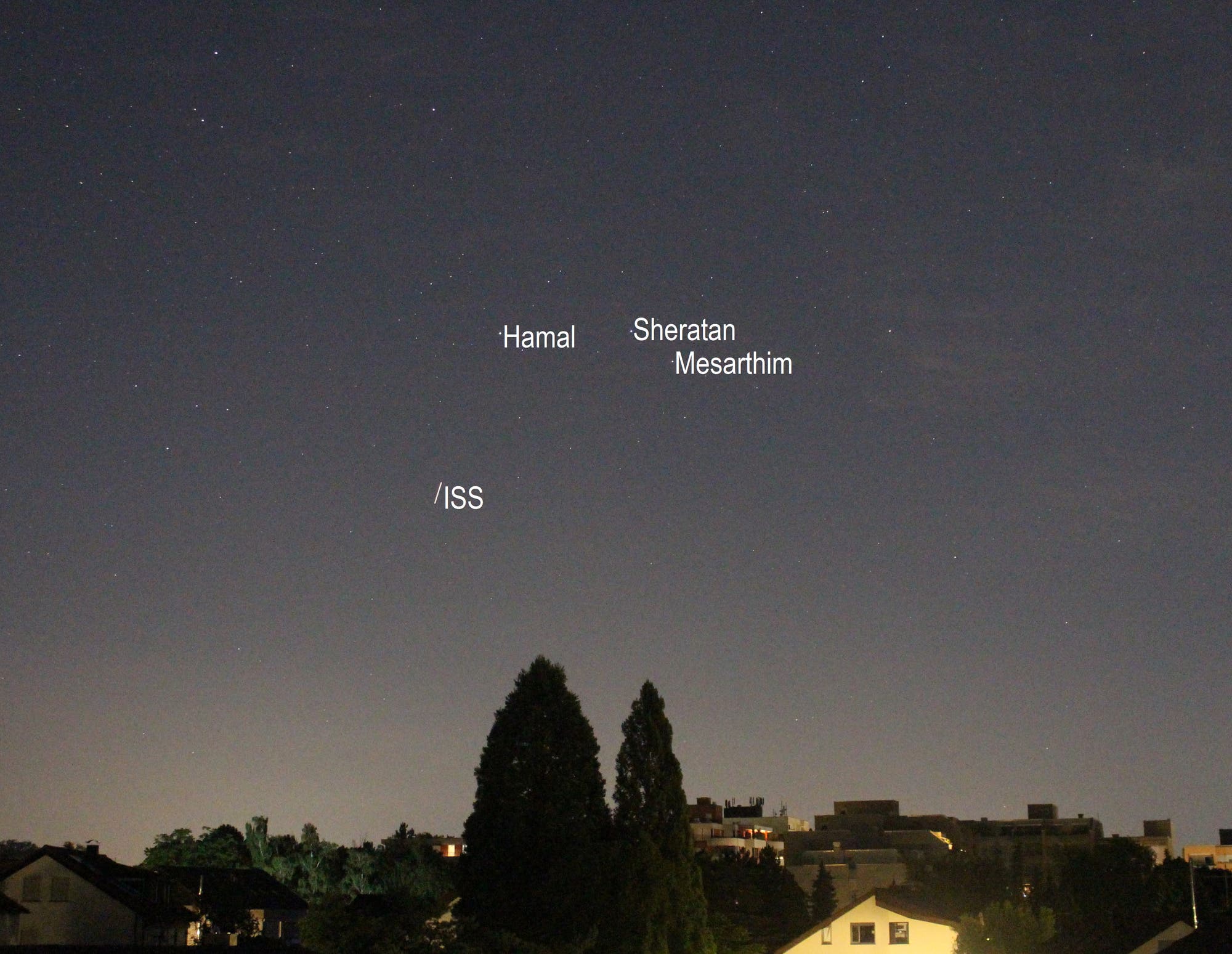 ISS im Sternbild Widder (Objekte beschriftet)