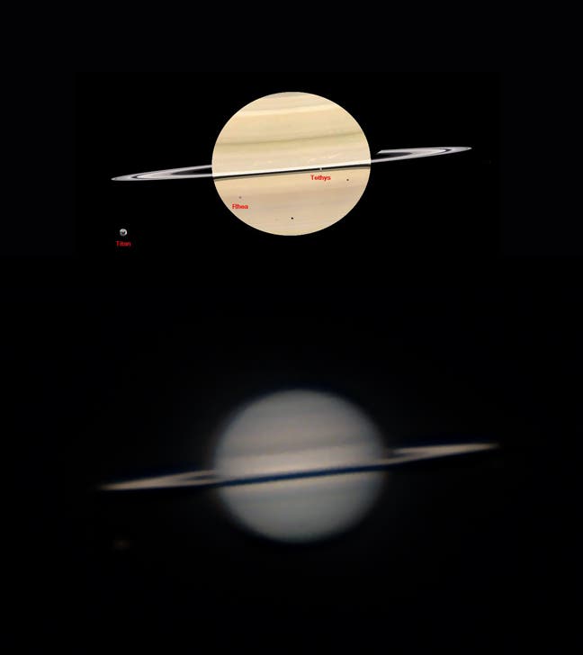Saturn mit Schattenwürfen von Rhea und Tethys