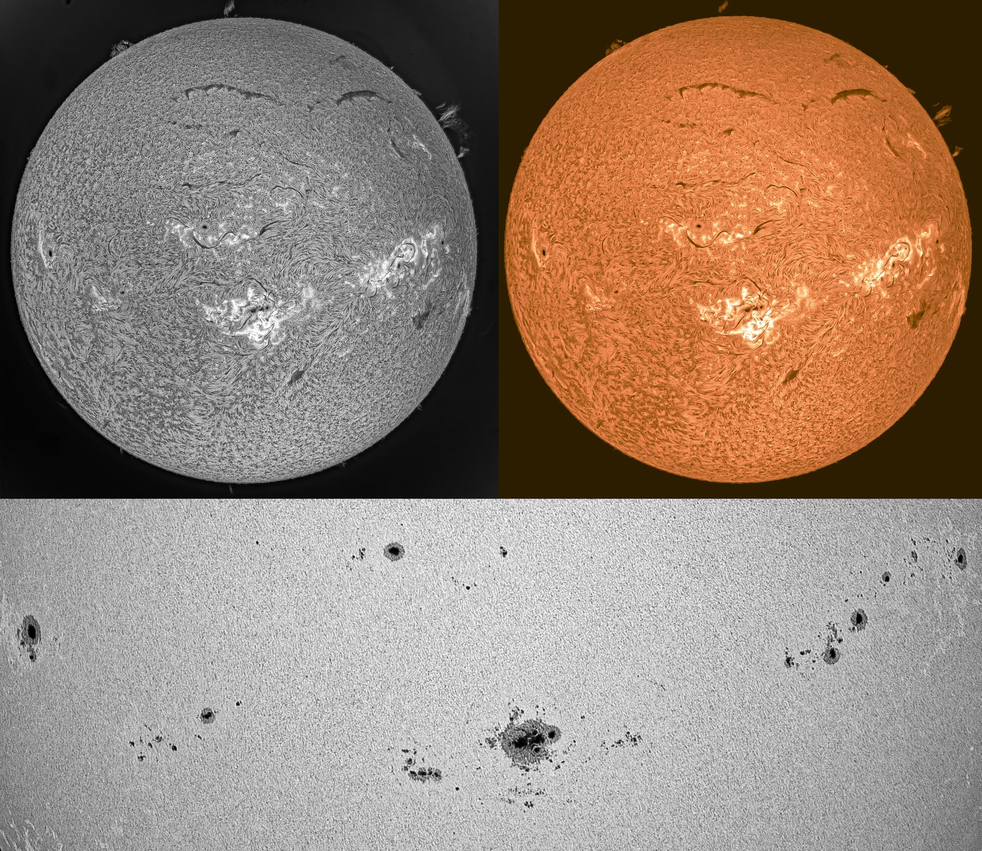 Sol el 10 de agosto de 2024 (H-alfa y luz blanca)