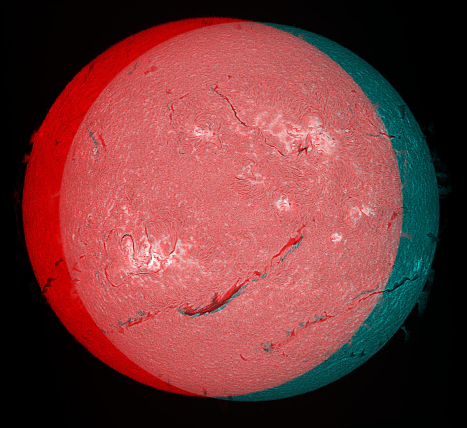 H-alpha-Sonne in 3D aufgenommen am 1./2. Juni 2024 mit Spektroheliograf