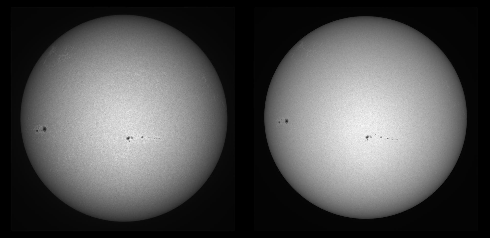Vergleich der Sonne aufgenommen im UV und Weißlicht am 5. März 2022