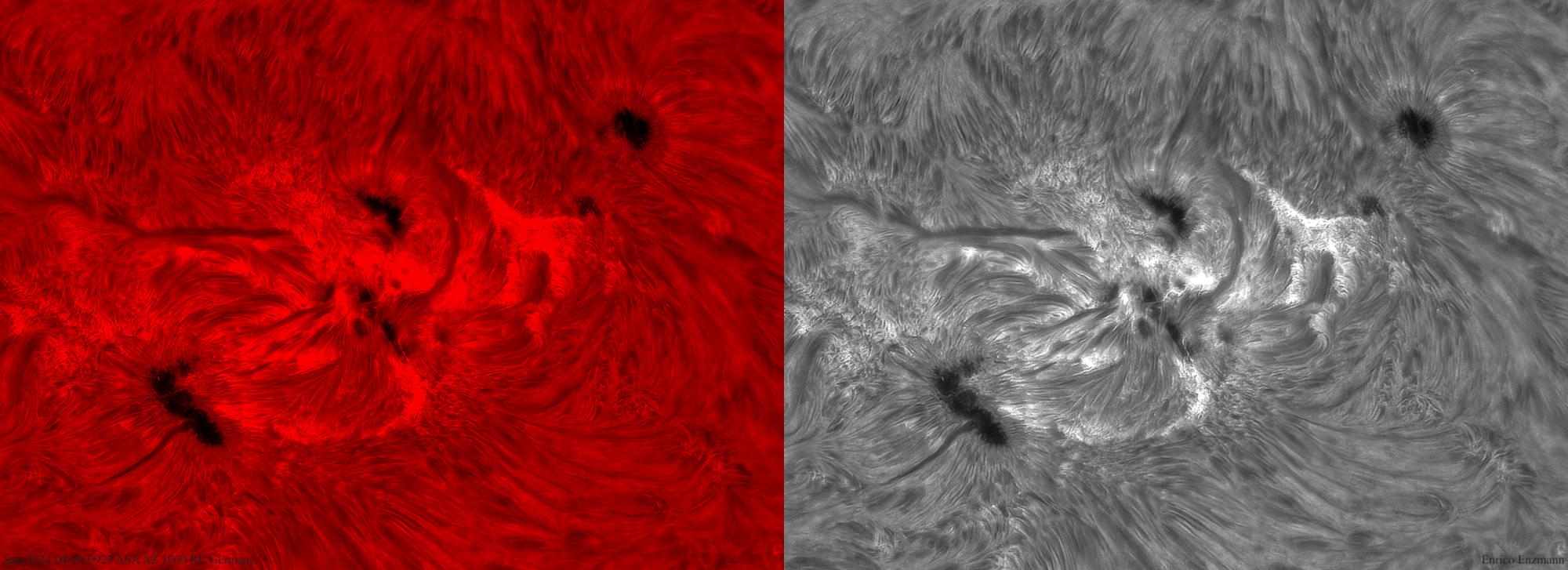 Sonnenoberfläche in H-alpha zweifarbig 29. April 2024