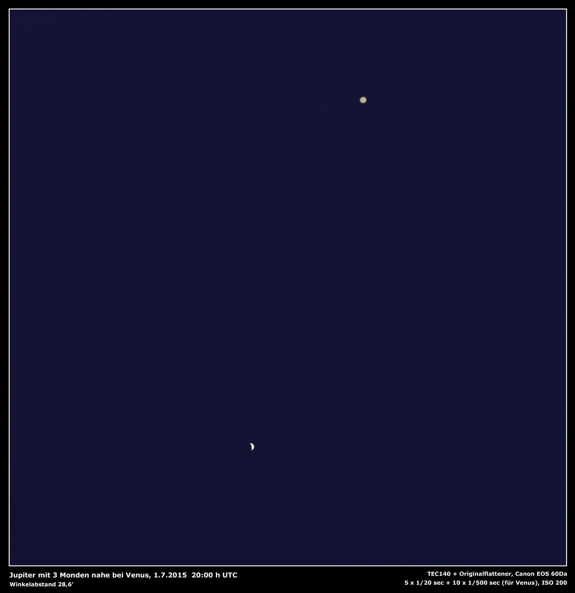 Venus bei Jupiter am 1. Juli 2015, 20:00 UTC