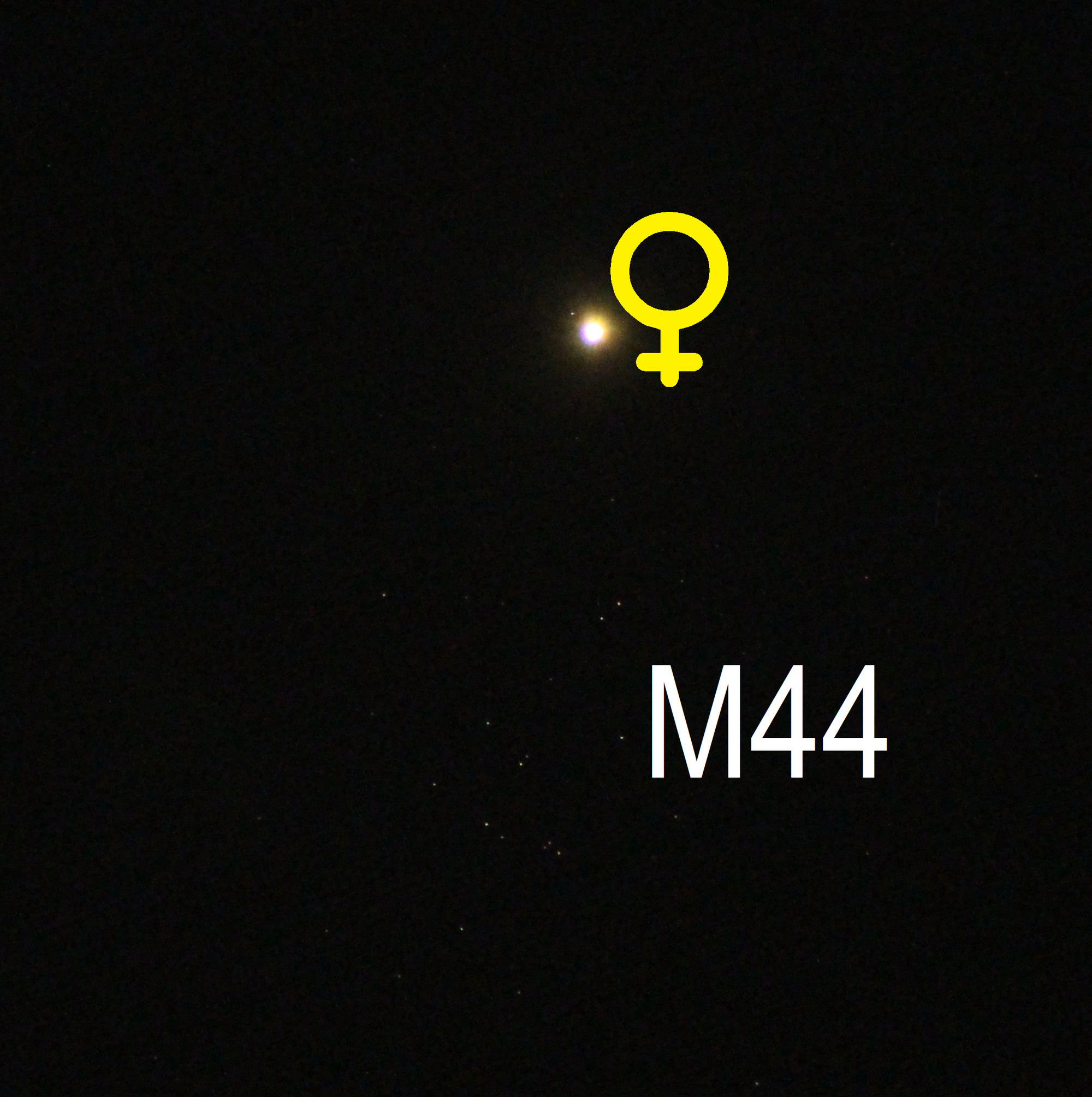 Venus in Konjunktion mit M44 (Objekte beschriftet)