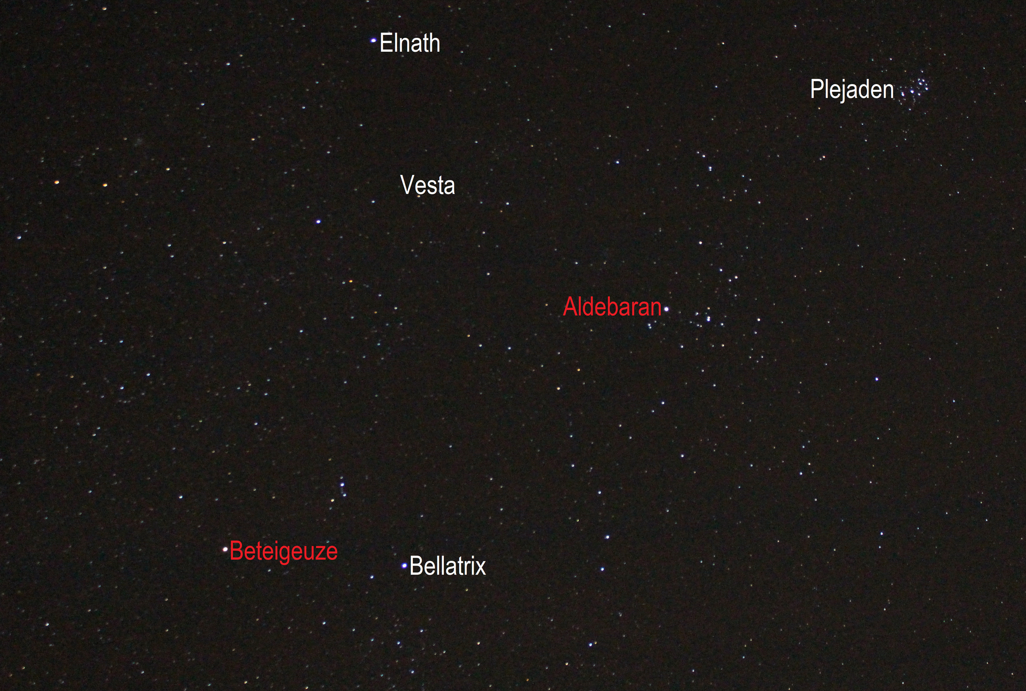 Vesta im Sternbild Stier (Objekte beschriftet)
